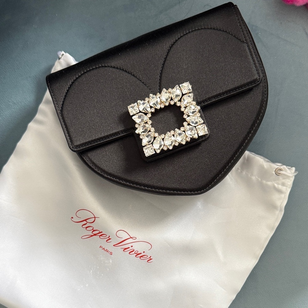 Roger Vivier Black Satin Heart Crossbody with Crystal Square Buckle‎